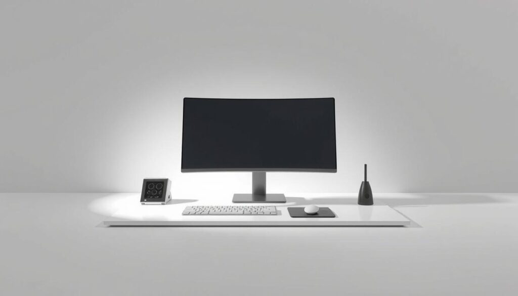 A minimalist, sleek, and futuristic-looking image showcasing the customization and setup of artificial intelligence tools. The scene depicts a stylized workstation with a large, curved display and various input devices like a tactile keyboard and a digital pen. The background is a clean, monochromatic palette with subtle gradients, creating a sense of depth and focus on the central setup. Lighting is soft and directional, casting gentle shadows that accentuate the form and textures of the equipment. The overall mood is one of precision, technology, and the seamless integration of AI-powered workflows.
