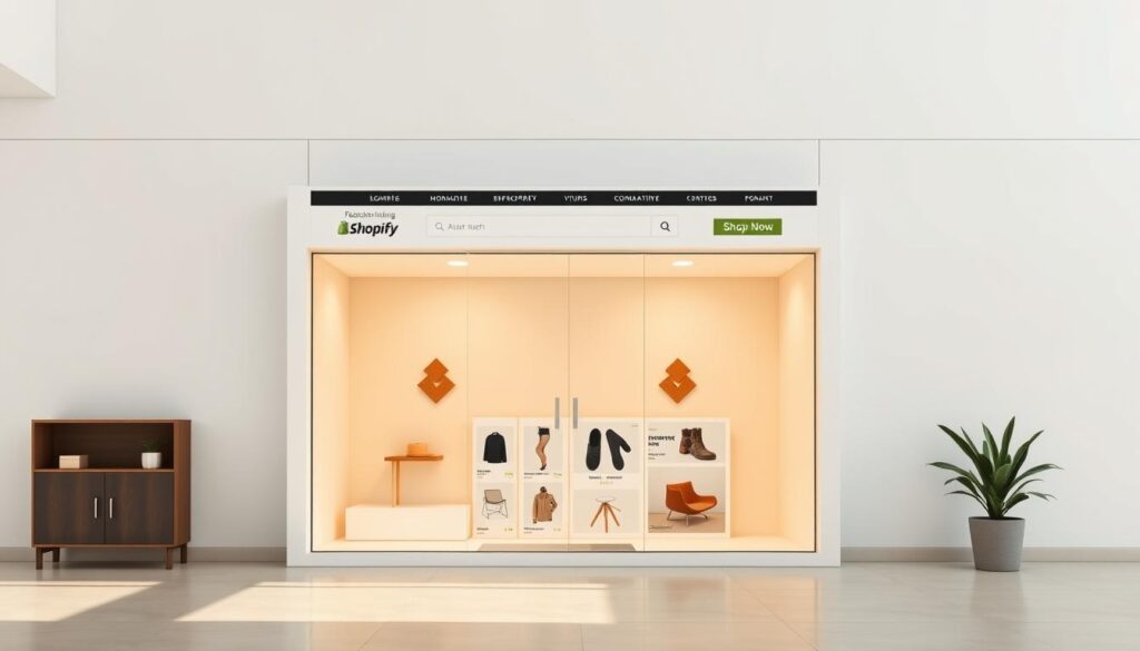 A minimalist, well-crafted Shopify dropshipping storefront set against a clean, modern backdrop. The front-facing facade features a sleek, responsive interface with clear navigation elements, product images, and a prominent "Shop Now" call-to-action. The layout is uncluttered, with ample negative space to draw the viewer's eye. Warm, natural lighting illuminates the scene, creating a welcoming ambiance. The overall impression is one of professionalism, simplicity, and user-friendliness - an inviting digital storefront ready to showcase a diverse product catalog.