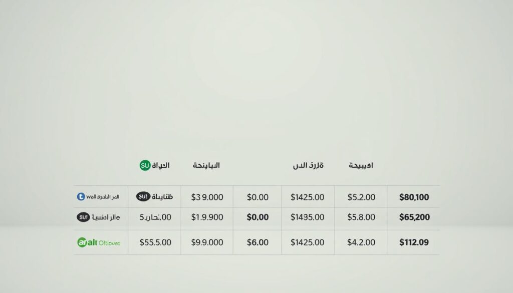 A minimalist yet visually striking comparison of web hosting service pricing in Saudi Arabia. The image showcases a sleek, high-contrast layout with clean typography and geometric shapes. The foreground features a grid of service logos and prices, presented in a clear and organized manner. The middle ground displays a subtle grid or table structure to emphasize the comparative aspect. The background is a muted, blurred gradient that adds depth and focus to the key information. Lighting is soft and even, with a slight directional emphasis to create depth and dimension. The overall mood is professional, modern, and data-driven, suitable for an informative article section.