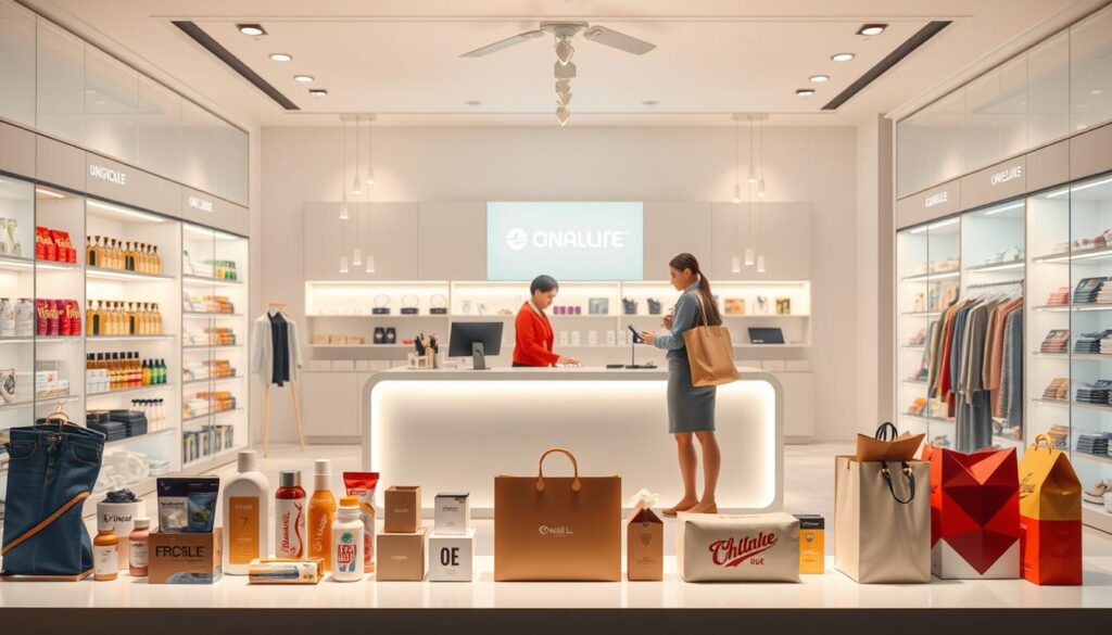 A minimalistic yet visually captivating illustration of "additional selling techniques and cross-selling" featuring a modern retail setting. Foreground displays various consumer products strategically arranged to suggest effective upselling and cross-promotion tactics, such as complementary items, bundled offers, and impulse buys. Middle ground depicts a sleek, well-lit store counter with a salesclerk assisting a customer, highlighting the human element of personalized service. Background showcases a clean, contemporary interior design with subtle brand elements, creating a professional, aspirational atmosphere. Warm, soft lighting and a slightly elevated camera angle convey a sense of accessibility and approachability. The overall composition should feel visually harmonious, guiding the viewer's attention to the core concepts of optimized sales strategies.