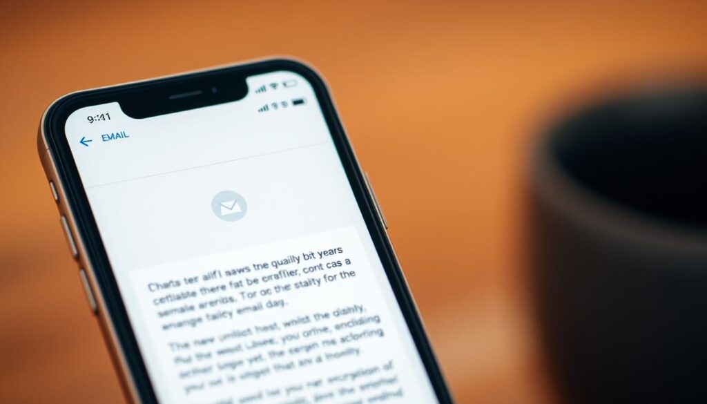 A mobile device screen displaying an open email interface, with clean and minimalist design. The screen is set against a blurred, warm-toned background, creating a sense of focus and clarity. The email content is easily readable, with crisp typography and well-structured layout, optimized for mobile viewing. The overall composition conveys a professional and inviting tone, showcasing the importance of crafting engaging email experiences for on-the-go users.