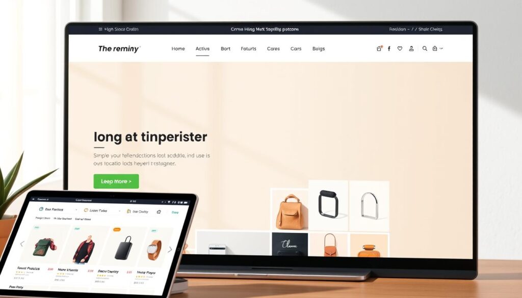 A modern and minimalist Shopify store template with a clean, responsive design. The foreground features a sleek and streamlined product display, with high-quality product images and clear pricing information. The middle ground showcases a simple but visually striking navigation menu, highlighting key categories and features. In the background, a subtle, geometric pattern adds visual interest without distracting from the main content. The lighting is soft and natural, creating a warm and inviting atmosphere. The overall composition emphasizes efficiency, ease of use, and a premium shopping experience, reflecting the high-performance and optimized nature of the Shopify platform.