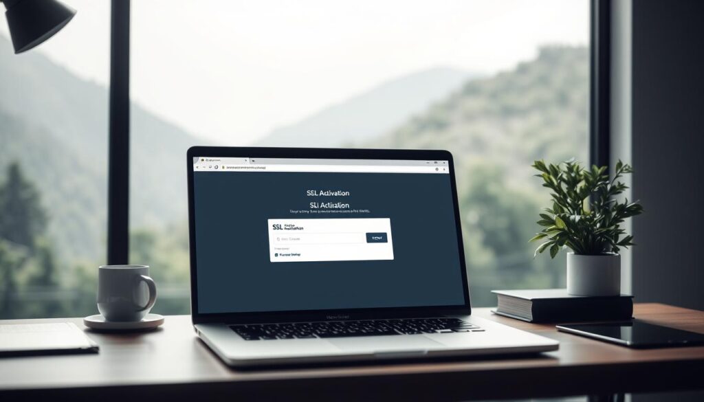 A modern and minimalist desktop setup with a sleek laptop, a simple and elegant web browser window displaying the Hostinger SSL activation process, and a serene natural backdrop. Soft lighting illuminates the scene, creating a calm and focused atmosphere. The overall composition emphasizes simplicity, efficiency, and the user-friendly nature of the SSL activation task on the Hostinger platform.