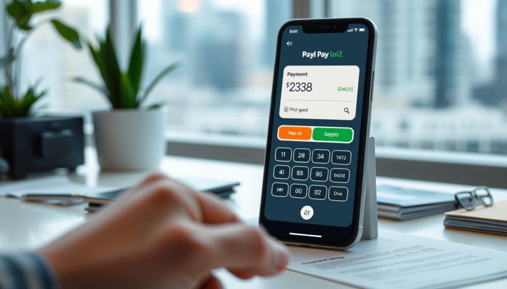 A modern and minimalist digital payment experience. The foreground features a sleek smartphone screen with a seamless payment interface, highlighting effortless transaction flows. The middle ground showcases a clean and organized workspace, with subtle financial elements like credit cards and banking documents to convey the integration of digital and traditional payment methods. The background has a soft, blurred cityscape, evoking a sense of urban convenience and connectivity. The overall mood is one of efficiency, simplicity, and a forward-looking approach to personal finance management.
