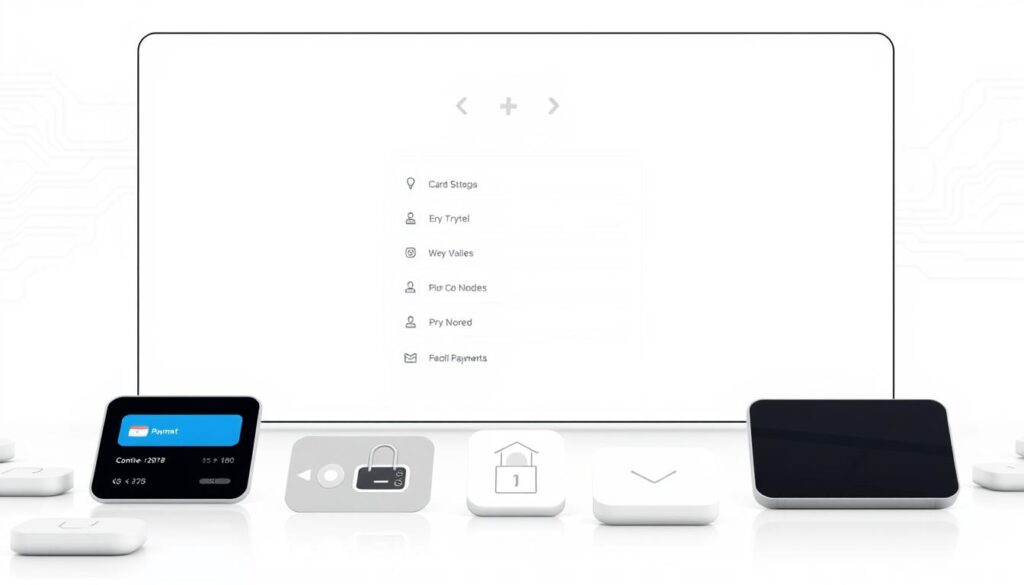 A modern and minimalist digital payment gateway interface set against a clean, white background. The foreground features various payment icons and buttons, including credit card symbols, mobile wallets, and digital transaction controls. The middle ground showcases a simple, sleek layout with clearly labeled payment options and secure authentication methods. The background subtly hints at the technological nature of the platform with abstract circuit board patterns or subtle digital textures. The overall mood is professional, intuitive, and trustworthy, reflecting the ideal user experience for an e-commerce payment solution.