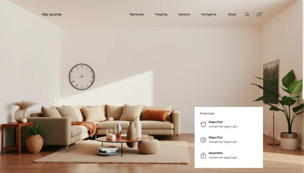A modern and minimalist homepage design for an e-commerce website. The layout features a clean, uncluttered structure with a large, high-quality hero image depicting a cozy, well-lit living room scene. In the foreground, a tastefully curated selection of home decor items is artfully displayed, capturing the essence of the website's product offerings. The middle ground showcases a sleek, responsive navigation menu with intuitive icons and labels, allowing users to easily explore the website's sections. In the background, a warm, neutral color palette creates a sense of harmony and sophistication. Subtle lighting and soft shadows add depth and dimension to the overall composition, resulting in an inviting and visually appealing homepage that effectively showcases the website's brand and products.