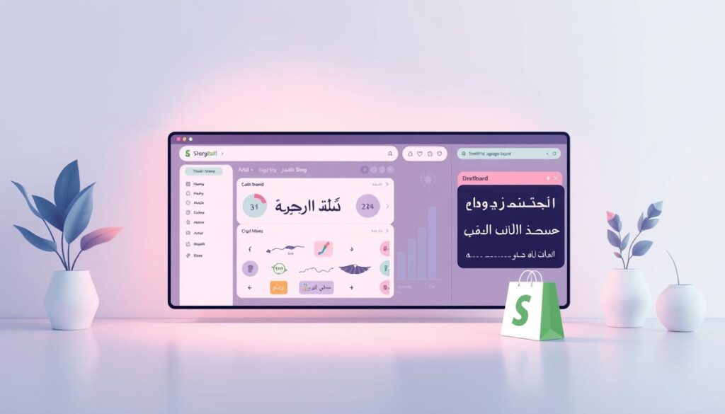 A modern and minimalist illustration depicting "Arabic language support in Shopify" showcasing a sleek and intuitive Shopify dashboard interface with prominent Arabic script prominently displayed. The scene has a clean, elegant aesthetic with a soft, diffused lighting creating a sense of professionalism and technical sophistication. The layout is balanced and visually appealing, highlighting the seamless integration of Arabic into the Shopify platform. The overall mood conveys a sense of capability, accessibility and cultural inclusivity.