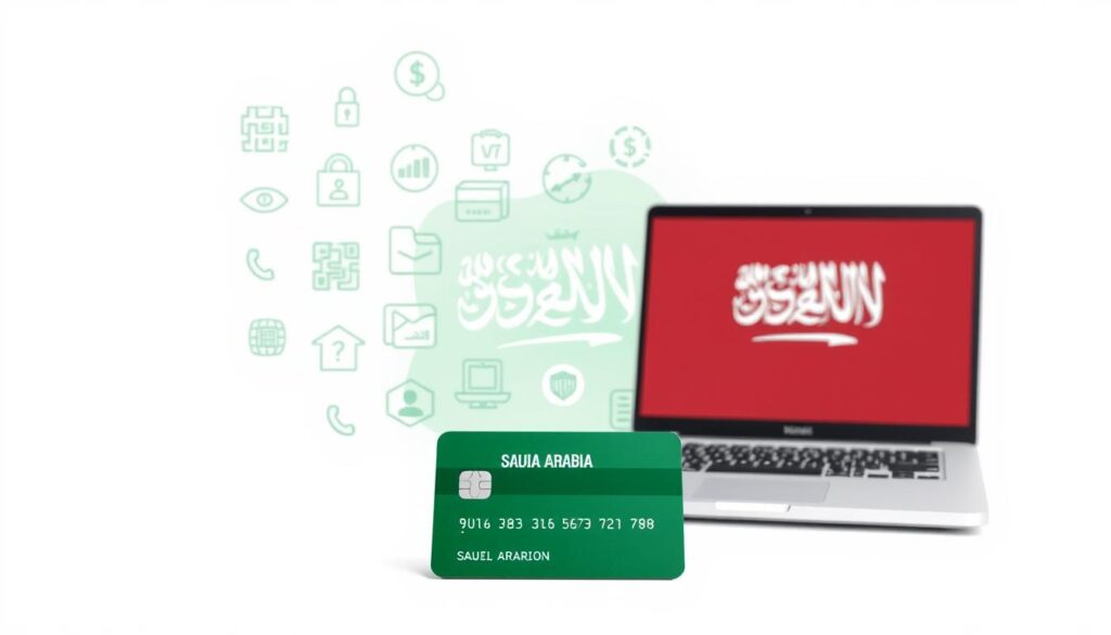 A modern and minimalist illustration showcasing the essential components required to set up an e-commerce payment gateway in Saudi Arabia. Set against a clean, white background, the foreground features a smartphone, a credit card, and a laptop, symbolizing the digital payment ecosystem. The middle ground includes various payment processing icons and graphics, such as secure transaction symbols, QR codes, and digital wallets. The background subtly incorporates the Saudi Arabian flag colors, creating a sense of national context. Soft lighting and a slightly angled camera angle lend a professional, informative tone to the overall composition.