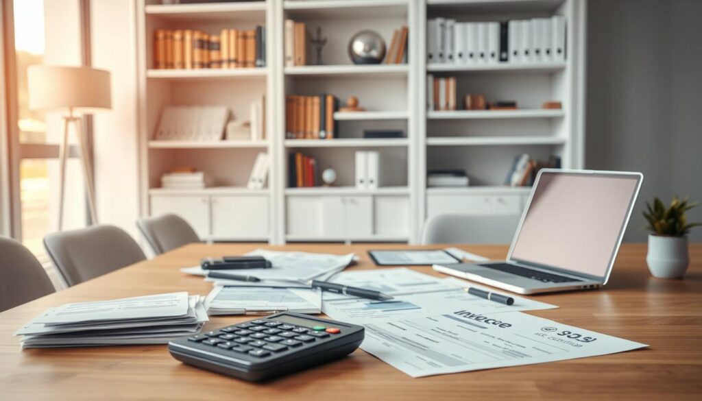 A modern and minimalist office interior with a focus on financial management. The scene depicts a neatly organized desk with a laptop, various finance-related documents, and a calculator. The lighting is soft and warm, creating a productive and professional atmosphere. In the background, there is a bookshelf filled with accounting and business management books, suggesting a well-equipped workspace for efficient invoice and payment handling. The overall composition emphasizes the importance of streamlined financial processes, with a clean and organized visual style that reflects the subject matter.