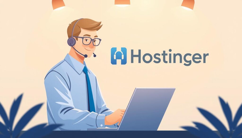 A modern and professional-looking Hostinger technical support illustration. A person in a blue shirt and tie is shown assisting a customer with a laptop, conveying efficient and personalized service. The background features Hostinger's clean and minimalist branding, with a subtle grid pattern and muted colors creating a sense of structure and reliability. Warm lighting from above casts a soft glow, highlighting the interaction and creating an approachable, helpful atmosphere. The composition is well-balanced, with the focal point being the customer-support representative, framed by the Hostinger branding elements. The overall impression is one of knowledgeable, responsive and trustworthy technical assistance.
