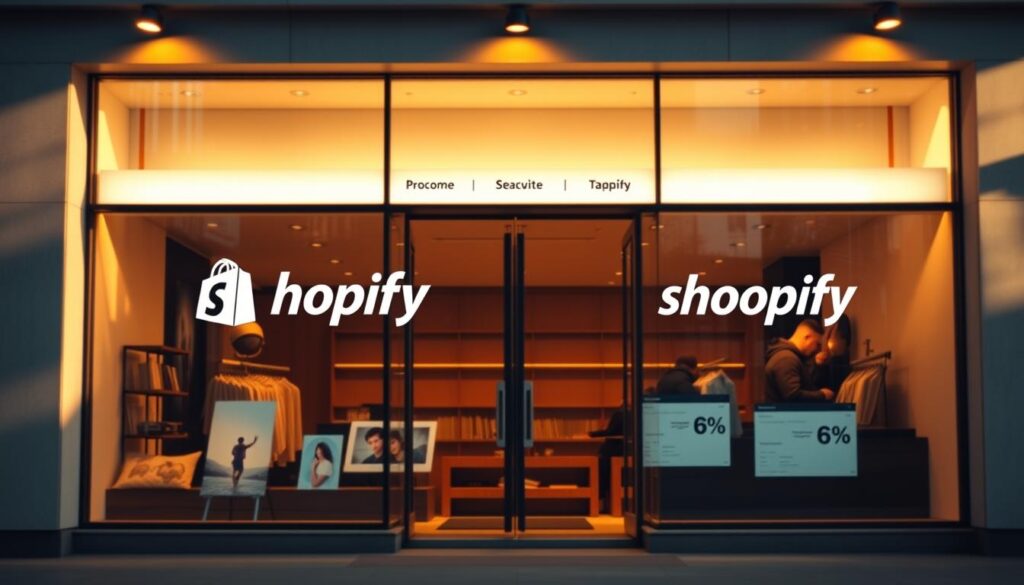 A modern and visually appealing online store showcasing the key features of the Shopify platform. The store's facade is bathed in warm, natural lighting, creating a welcoming atmosphere. In the foreground, a selection of product images are artfully displayed, highlighting Shopify's robust e-commerce capabilities. The middle ground features intuitive user interface elements, demonstrating the platform's user-friendly design. In the background, a minimalist yet sophisticated branding layout subtly conveys Shopify's brand identity. The overall composition strikes a balance between aesthetics and functionality, exemplifying the advantages of building an online presence with Shopify.