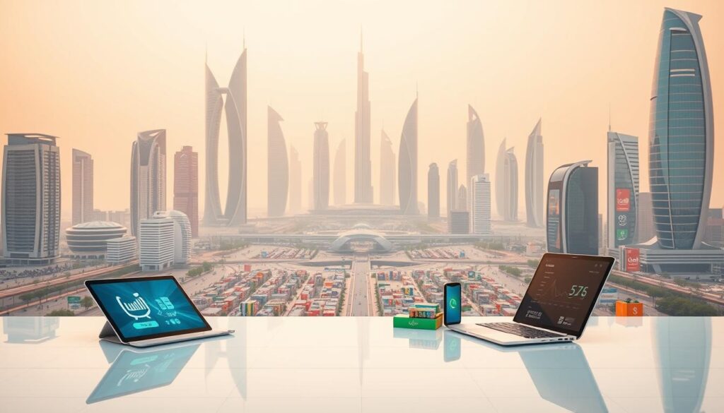 A modern cityscape in Saudi Arabia, with a focus on the bustling digital marketplace. In the foreground, sleek digital devices and e-commerce interfaces glide across a minimalist workspace, reflecting the seamless integration of technology and commerce. The middle ground features an array of colorful product packages and icons, symbolizing the diverse offerings available to online shoppers. In the background, a skyline of gleaming high-rises and futuristic architecture suggests the rapid growth and innovation driving the kingdom's e-commerce industry. Warm, diffused lighting creates a sense of energy and progress, while a subtle haze evokes the ever-evolving nature of this dynamic digital landscape.