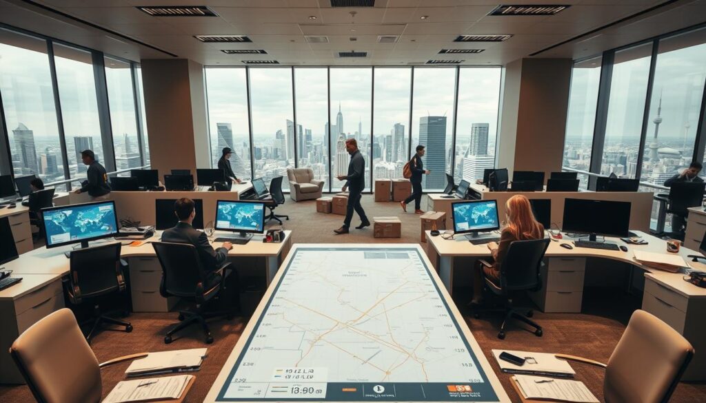 A modern, clean-lined office interior with sleek desks, high-tech workstations, and a busy team of logistics professionals coordinating shipping operations. The foreground features a central table with digital maps, tracking software, and shipping manifests, while the middle ground showcases couriers transporting packages efficiently. The background depicts a panoramic view of the city skyline through large windows, conveying a sense of the global scale of the shipping industry. Warm, neutral tones and dramatic, directional lighting create a professional, productive atmosphere.