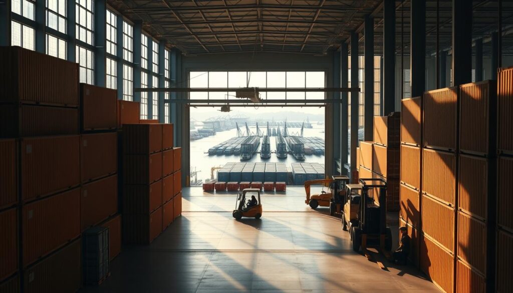 A modern, clean-lined warehouse interior with stacks of shipping containers in the foreground, forklifts and workers in the middle ground, and a panoramic view of a bustling port through large windows in the background. Warm, diffused natural lighting filters in, casting long shadows and highlighting the efficient, well-organized logistics operation. The overall atmosphere conveys a sense of productivity, optimization, and strategic thinking around shipping and logistics.
