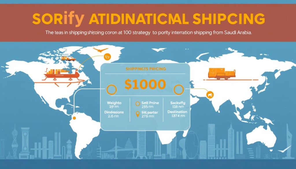 A modern, clean-looking illustration depicting international shipping pricing strategies. In the foreground, a stylized world map with shipping routes and icons representing different transportation modes. In the middle, a detailed breakdown of shipping cost factors like weight, dimensions, and destination. In the background, a futuristic cityscape with skyscrapers and technology elements, conveying a sense of globalization. The overall tone is professional, informative, and visually appealing, suitable for an article on Shopify international shipping from Saudi Arabia.
