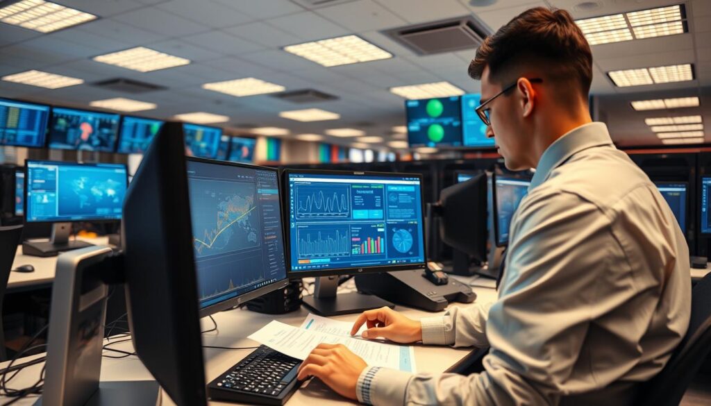A modern customs clearance office, filled with advanced computer terminals and digital interfaces. The foreground depicts a customs officer meticulously reviewing electronic documentation on a sleek, high-resolution monitor, highlighting the technical sophistication of the process. The middle ground showcases various data visualization dashboards and analytical tools, conveying the complex logistical coordination involved. The background features rows of server racks and network equipment, emphasizing the robust IT infrastructure that enables the seamless flow of cross-border trade. Soft, diffused lighting creates a professional, efficient atmosphere, while the overall composition communicates the precision and technological prowess of the customs clearance system.