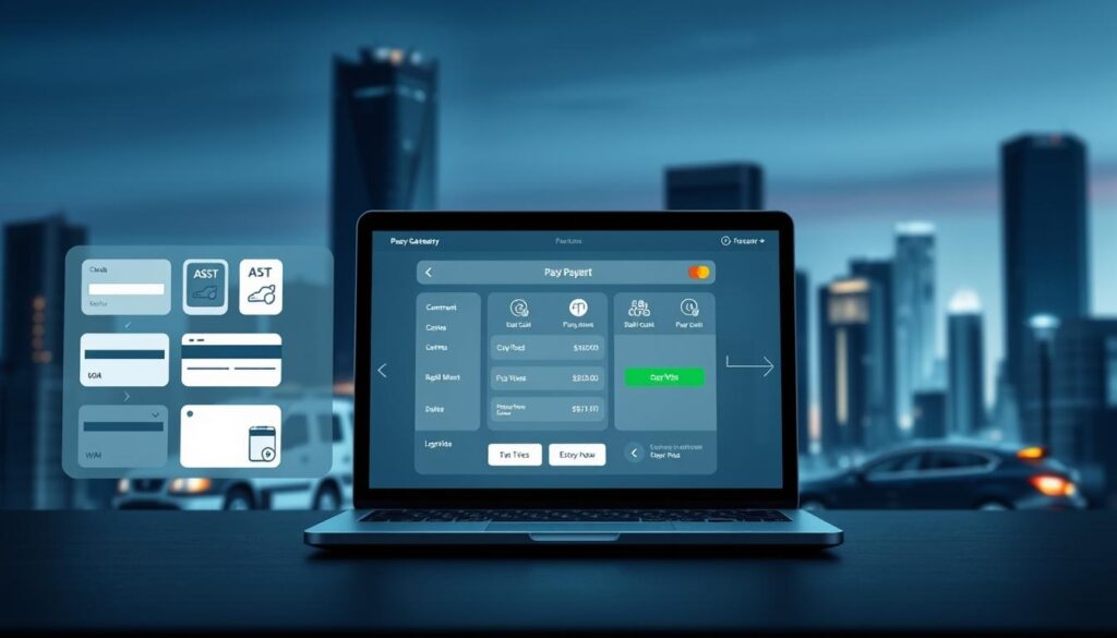 A modern digital payment gateway system with sleek, minimalist design. The foreground depicts a series of seamlessly integrated payment options like credit/debit cards, mobile wallets, and online banking. The middle ground showcases a streamlined user interface on a laptop or tablet screen, highlighting intuitive transaction flows. In the background, a cityscape with skyscrapers represents the bustling economic landscape. Subtle lighting creates depth and highlights the technological sophistication. The overall atmosphere conveys efficiency, reliability, and trust in digital financial services.