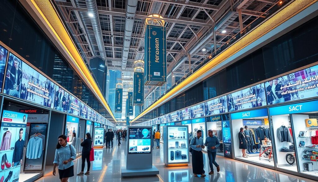 A modern digital shopping mall with rows of sleek digital storefronts and kiosks, bustling with activity. The storefront displays showcase a variety of products, from apparel to electronics, all available through streamlined online interfaces. The space is bathed in warm, ambient lighting, creating an inviting atmosphere. In the background, towering skyscrapers and gleaming infrastructure symbolize the technological advancements powering Saudi Arabia's thriving e-commerce landscape. The scene conveys a sense of efficiency, innovation, and the growing prominence of online retail in the Kingdom.
