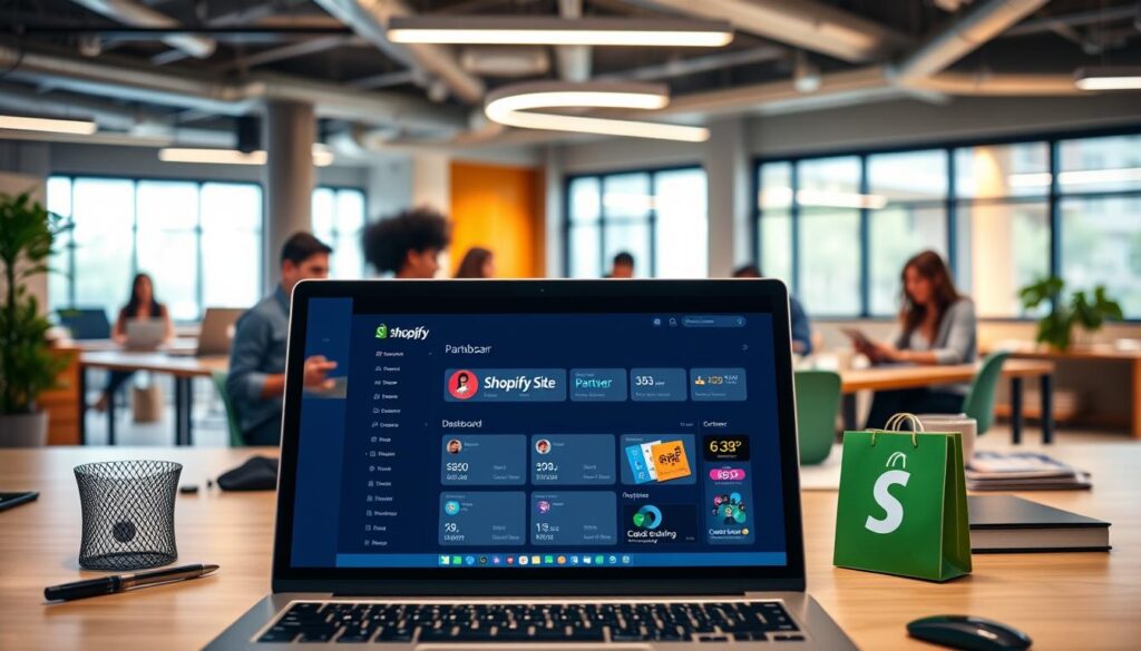 A modern, digital workspace with sleek Shopify-branded merchandise and devices. In the foreground, a laptop showcases the Shopify partner dashboard, surrounded by office supplies and a minimalist desk setup. The middle ground features a team of diverse professionals collaborating, each engaged with their own laptop or tablet. The background depicts a vibrant, open-concept office space with large windows, warm lighting, and Shopify's signature color palette. The overall scene conveys a sense of productivity, innovation, and the collaborative nature of the Shopify partner program.