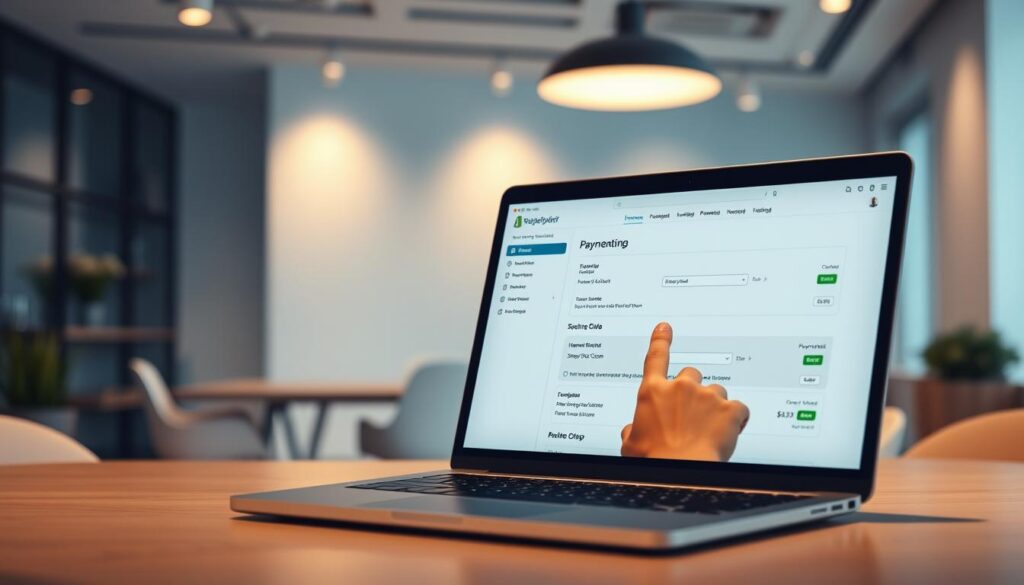 A modern e-commerce storefront with a focus on the Shopify payments setup process. In the foreground, a laptop screen displays the Shopify dashboard, showcasing the payments configuration options. The middle ground features a hand interacting with the laptop, symbolizing the setup workflow. The background depicts a minimalist office setting, with clean lines, neutral tones, and subtle lighting to create a professional, tech-savvy atmosphere. The overall scene conveys a sense of efficiency, streamlined operations, and the importance of a secure, reliable payment system for an online business.