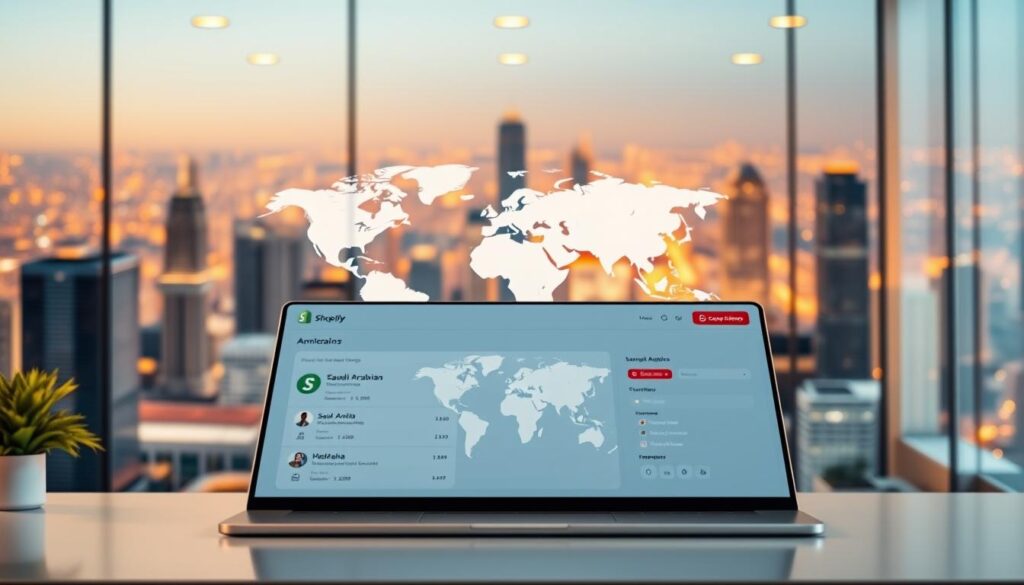 A modern e-commerce storefront with a sleek, intuitive layout. The foreground showcases a Shopify dashboard, displaying user-specific content and localized settings for a Saudi Arabian merchant. In the middle ground, a stylized world map highlights international targeting and localization capabilities. The background depicts a vibrant, vibrant cityscape, reflecting the dynamic, global nature of Shopify's platform. Warm, natural lighting casts a sense of professionalism and authority, while a subtle depth of field draws the viewer's attention to the central focus. The overall composition conveys the power and flexibility of Shopify's user-centric, location-based content personalization features.