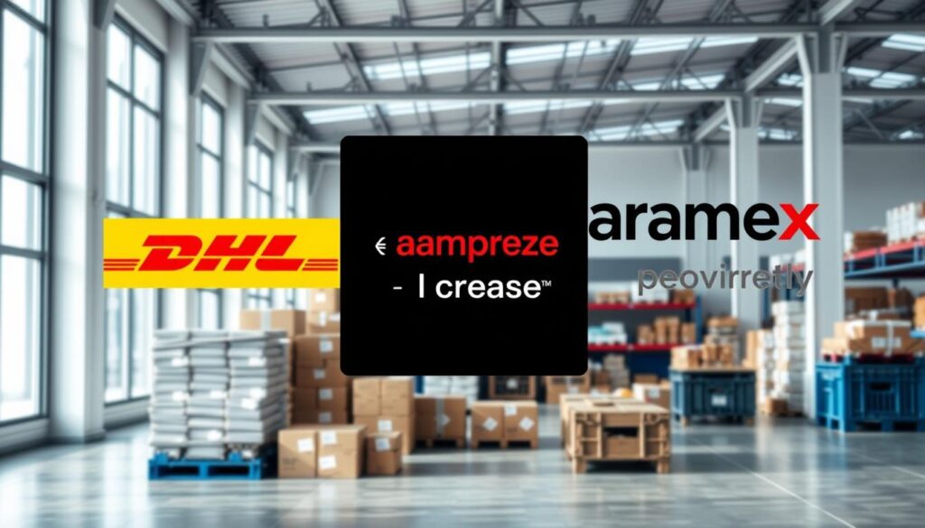 A modern, minimal warehouse interior with floor-to-ceiling windows letting in natural light. In the foreground, three professional shipping companies' logos are prominently displayed - DHL, Aramex, and a third neutral provider. In the middle ground, stacks of neatly organized packages and crates symbolize the shipping process. The background features shelves of inventory and packing supplies. The overall atmosphere conveys efficiency, reliability, and attention to detail - key factors in selecting the right shipping partner for an online store.