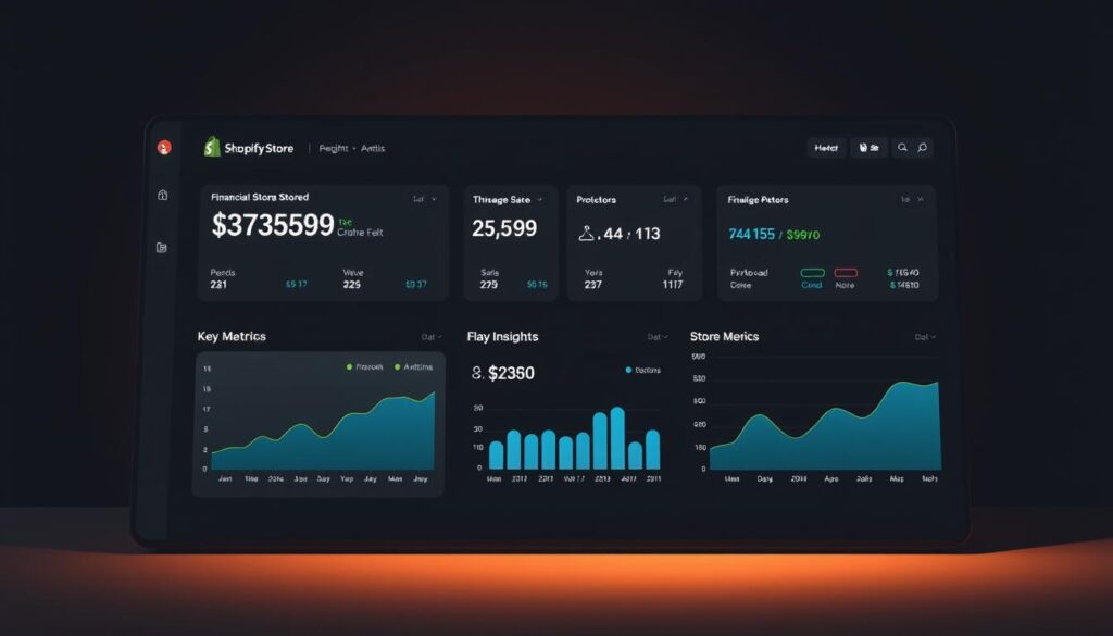 A modern, minimalist digital dashboard displaying key financial metrics and insights for a Shopify store. The interface features clean typography, intuitive graphs, and data visualizations against a sleek, monochromatic background. Streamlined layout and design elements draw the viewer's attention to the most important financial performance indicators, enabling swift, informed decision-making. Warm, indirect lighting casts a subtle glow, creating a professional, analytical atmosphere conducive to analyzing store data. The composition strikes a balance between form and function, blending aesthetics with informative, actionable insights.