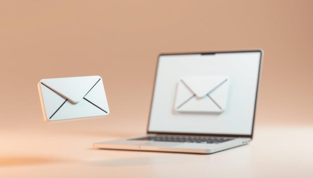 A modern, minimalist digital illustration showcasing Hostinger's email hosting service. In the foreground, a stylized email envelope icon hovers, its sleek design conveying efficiency and convenience. The middle ground features a laptop displaying a clean, user-friendly email interface, reflecting Hostinger's intuitive platform. The background depicts a subtle grid pattern, subtly hinting at the robust infrastructure supporting the email service. Warm, muted tones create a professional, trustworthy atmosphere, while carefully considered lighting and camera angle emphasize the seamless integration of email and Hostinger's hosting capabilities.