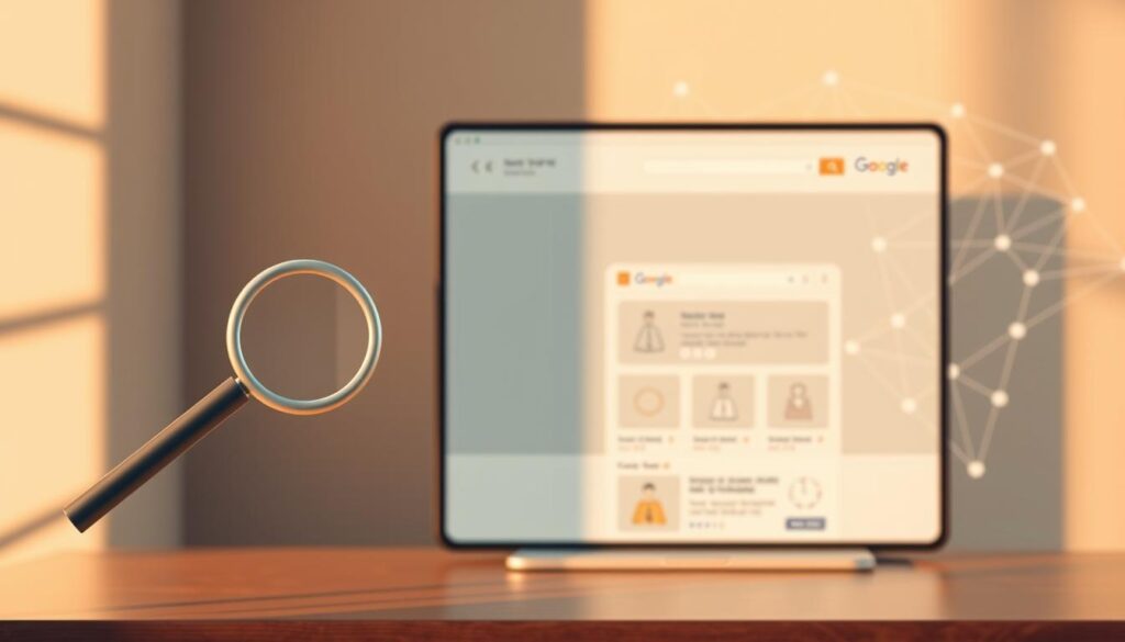 A modern, minimalist digital marketing illustration showcasing search engine optimization (SEO) for e-commerce stores. In the foreground, an abstract magnifying glass icon symbolizes the importance of search engine visibility. The middle ground features a sleek e-commerce website interface with clean typography and product imagery. In the background, a subtle network of interconnected nodes and lines represents the complex algorithms powering search engine optimization. Warm, muted tones create a professional, tech-forward atmosphere. Soft lighting from the side casts subtle shadows, adding depth and dimension to the composition. The overall aesthetic conveys the power of strategic content creation and SEO to drive traffic and boost sales for online retailers.