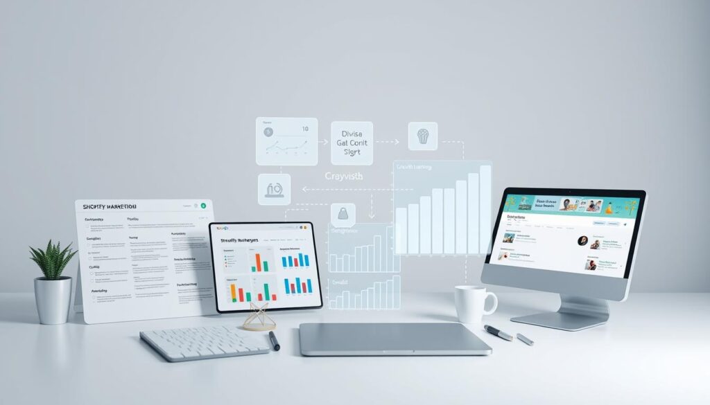 A modern, minimalist digital marketing toolkit displayed on a clean, white background. In the foreground, an array of essential Shopify marketing tools - a search engine optimization checklist, a social media scheduling app, an email marketing dashboard, and a promotional graphic design template. In the middle ground, analytics charts and growth hacking strategies hover holographically, while in the background, a sleek Shopify storefront interface and a search engine results page set the scene. Lighting is soft and diffuse, creating a sense of professionalism and clarity. The overall mood is one of efficiency, innovation, and the power of digital commerce.