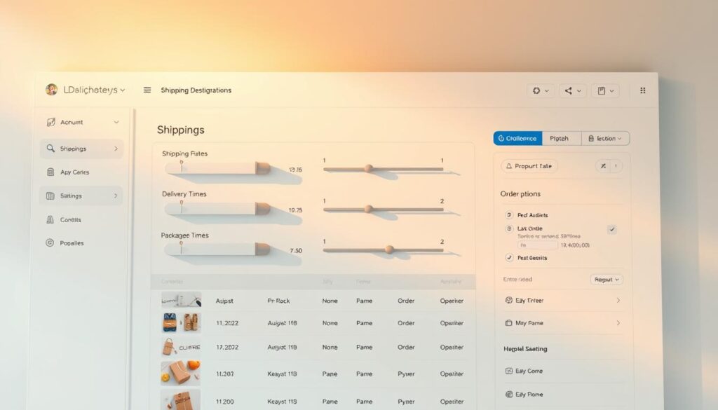 A modern, minimalist e-commerce dashboard interface. In the center, a set of toggles and sliders for adjusting shipping settings: shipping rates, delivery times, packaging options. Surrounding the controls, a clean grid of product thumbnails and order details. Warm, soft lighting casts subtle shadows, creating depth and emphasizing the UI elements. The overall atmosphere is professional, intuitive, and focused on optimizing the shipping configuration for an online store.