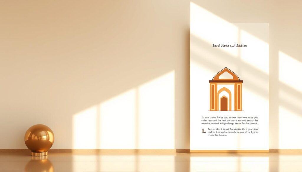 A modern, minimalist email design with warm, inviting colors and sophisticated typography showcasing a Saudi Arabian cultural aesthetic. The layout features clean lines, generous white space, and a focal point illustration of traditional Saudi Arabian architecture or design elements. The overall impression is one of elegance, professionalism, and cultural relevance for the target Saudi audience. Soft, natural lighting illuminates the scene, creating a sense of sophistication. The composition is balanced and visually appealing, drawing the viewer's attention to the key design elements.