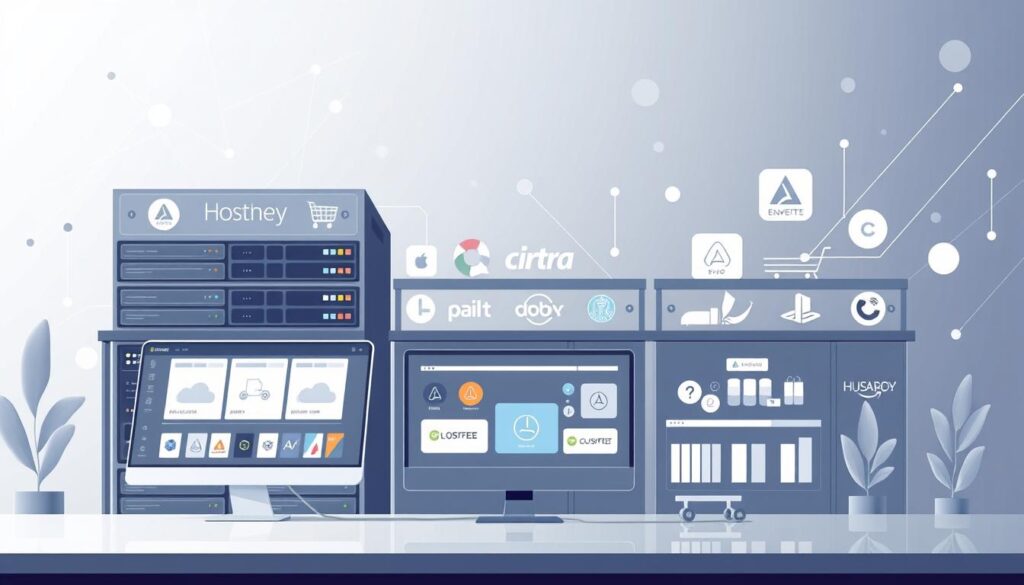 A modern, minimalist illustration depicting a large ecommerce platform hosting numerous online stores. The foreground showcases a clean, well-designed user interface with intuitive navigation, showcasing the robust hosting capabilities. The middle ground features various product categories, logos, and branding elements, emphasizing the scale and diversity of the platform. The background sets a serene, professional tone with subtle geometric patterns, soft lighting, and a neutral color palette to convey stability and reliability. The overall composition should strike a balance between technology, enterprise, and elegance to capture the essence of premium ecommerce hosting for major online retailers.