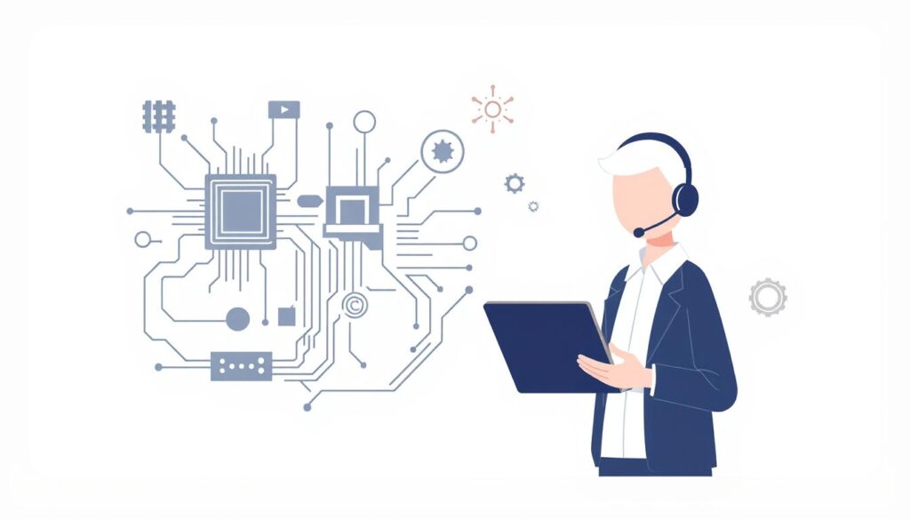 A modern, minimalist illustration depicting a technical support concept. In the foreground, a stylized human figure represents a tech support agent, dressed in a professional attire and engaging with a laptop or mobile device. The middle ground features various technical elements such as circuit boards, wires, and abstract technological shapes, conveying a sense of problem-solving and technical expertise. The background is clean and uncluttered, with muted tones and subtle gradients to create a sense of depth and focus on the main subject matter. The overall composition is balanced, with a calming and professional atmosphere, reflecting the quality of technical support services.