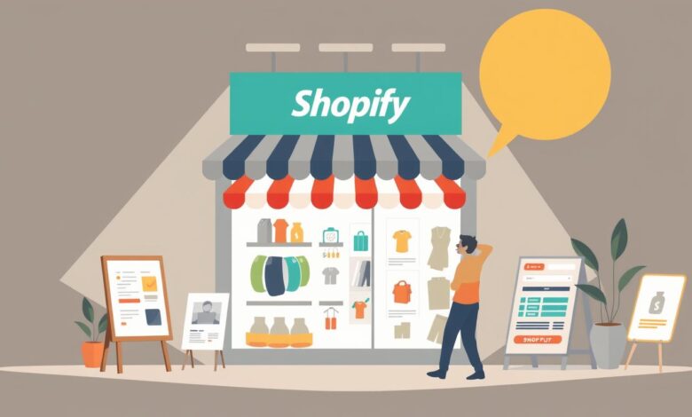 A modern, minimalist illustration depicting common mistakes in setting up a Shopify store. The scene shows a stylized storefront with various UI elements, product displays, and design choices that represent common pitfalls, such as poor navigation, suboptimal product photography, cluttered layout, and outdated branding. The color palette is muted with a focus on warm neutrals, complemented by splashes of accent colors to draw the viewer's attention to the problematic areas. The overall mood is one of thoughtful introspection, encouraging the viewer to reflect on their own store's design and user experience.