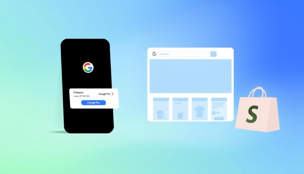 A modern, minimalist illustration depicting the Google Pay checkout process on a Shopify storefront. The foreground shows a minimalist mobile device display with the Google Pay logo and checkout interface, highlighting the seamless integration between the two platforms. The middle ground depicts a clean, uncluttered Shopify store webpage, with products and product information visible. The background features a soft, blurred gradient in shades of blue and green, evoking a sense of technology and digital commerce. The overall scene conveys a smooth, efficient checkout experience for users, with a focus on the key integration between Google Pay and Shopify.