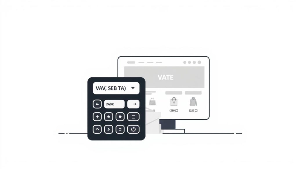 A modern, minimalist illustration depicting the concept of "Value Added Tax (VAT)" in an e-commerce setting. The foreground should feature a stylized graphic representation of a calculator or accounting interface, with intuitive controls and readouts that allow the user to input and configure VAT settings. The middle ground should showcase a sleek, responsive Shopify online store interface, conveying a sense of seamless integration and user-friendly tax management. The background should have a clean, neutral gradient or texture, placing emphasis on the key elements and conveying a professional, authoritative tone. The overall aesthetic should be visually striking yet straightforward, resonating with the article's subject matter.