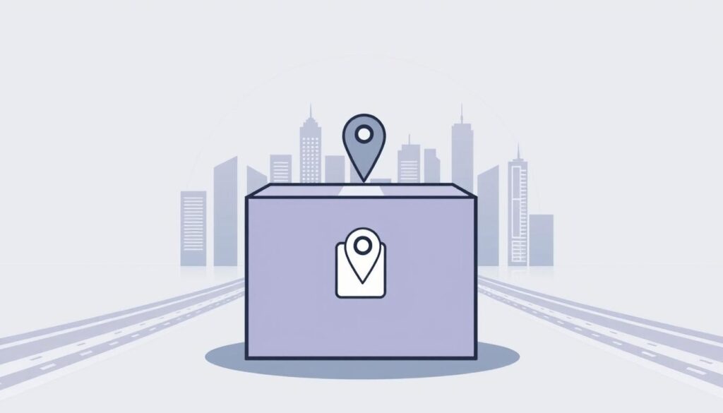 A modern, minimalist illustration depicting the process of package tracking. In the foreground, a stylized, monochrome shipping box with a GPS tracking icon, symbolizing the ability to monitor the delivery status. The middle ground features a clean, geometric cityscape with skyscrapers and roads, suggesting the transportation network. The background has a soft gradient, emphasizing the digital, technological nature of the tracking system. The overall scene conveys a sense of efficiency, connectivity, and the seamless flow of goods in the e-commerce era, relevant to the article's subject of integrating Shopify with shipping providers.