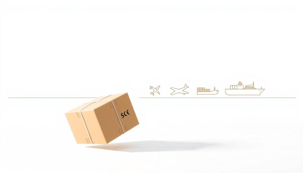 A modern, minimalist illustration of a shipping process in Shopify Saudi Arabia. The scene shows a clean, white background with a subtle grid pattern, emphasizing a sense of organization and efficiency. In the foreground, a package wrapped in a simple, brown paper parcel floats in the air, casting a soft shadow. The package is accented by crisp, directional lighting from the upper left, creating a sense of depth and three-dimensionality. In the middle ground, a series of stylized icons representing various shipping methods - truck, plane, ship - are neatly arranged, hinting at the range of options available. The overall mood is one of professionalism, reliability, and attention to detail, capturing the essence of Shopify's shipping policies in Saudi Arabia.