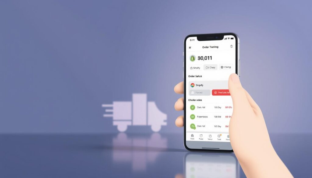 A modern, minimalist illustration showcasing the Shopify order tracking process. In the foreground, a smartphone displays a Shopify order status dashboard, with clean interfaces and intuitive icons. The middle ground features a delivery truck icon, symbolizing the shipment journey. In the background, a subtle grid pattern or geometric shapes create a sense of technology and efficiency. The lighting is soft and diffused, creating a professional, polished aesthetic. The overall mood is one of clarity, control, and a seamless Shopify order tracking experience.