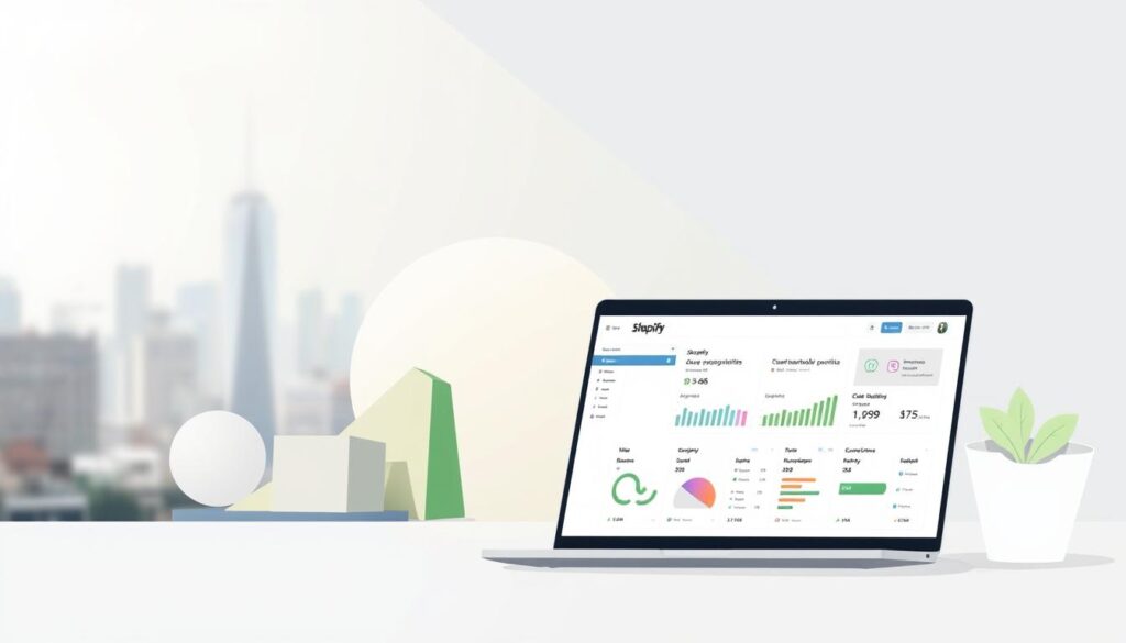 A modern, minimalist illustration showcasing various business models on the Shopify platform. In the foreground, a sleek laptop displays a Shopify dashboard, highlighting key metrics and customizable features. In the middle ground, abstract geometric shapes in muted tones represent the diverse range of Shopify business models, from e-commerce to subscriptions. The background features a soft, blurred cityscape, conveying a sense of urban vibrancy and growth opportunities. Bright, directional lighting illuminates the scene, creating a sense of focus and professionalism. The overall composition aims to inspire and inform viewers about the potential for profitable Shopify businesses without the need for significant initial capital.
