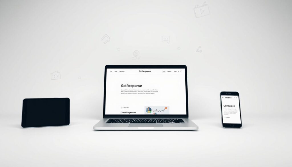 A modern, minimalist landing page design with a clean, white background. In the foreground, a laptop displaying a simple yet visually appealing website layout, showcasing a professional-looking GetResponse interface. The middle ground features a tablet and smartphone, both mirroring the laptop's design, creating a cohesive digital ecosystem. The background subtly hints at common landing page mistakes to avoid, such as cluttered layouts, overwhelming CTAs, or unclear value propositions, with muted icons or wireframe elements. The overall mood is one of efficiency, clarity, and a focus on the essentials for a high-converting landing page.