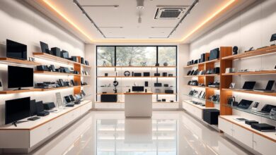 A modern, minimalist online store interior with sleek shelves showcasing various products. The layout features a clean white background, complemented by warm wood accents and subtle accent lighting. The shelves are neatly arranged, displaying a range of diverse merchandise. The overall atmosphere is one of sophistication and efficiency, reflecting a successful and well-curated electronic store. A large window in the background lets in natural light, creating a bright and airy ambiance. The scene conveys a sense of professionalism and attention to detail, inspiring confidence in the store's ability to provide a seamless and enjoyable shopping experience.