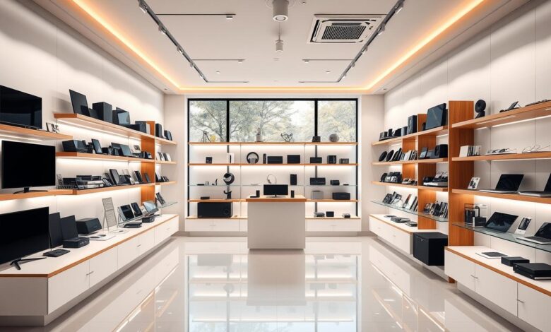A modern, minimalist online store interior with sleek shelves showcasing various products. The layout features a clean white background, complemented by warm wood accents and subtle accent lighting. The shelves are neatly arranged, displaying a range of diverse merchandise. The overall atmosphere is one of sophistication and efficiency, reflecting a successful and well-curated electronic store. A large window in the background lets in natural light, creating a bright and airy ambiance. The scene conveys a sense of professionalism and attention to detail, inspiring confidence in the store's ability to provide a seamless and enjoyable shopping experience.