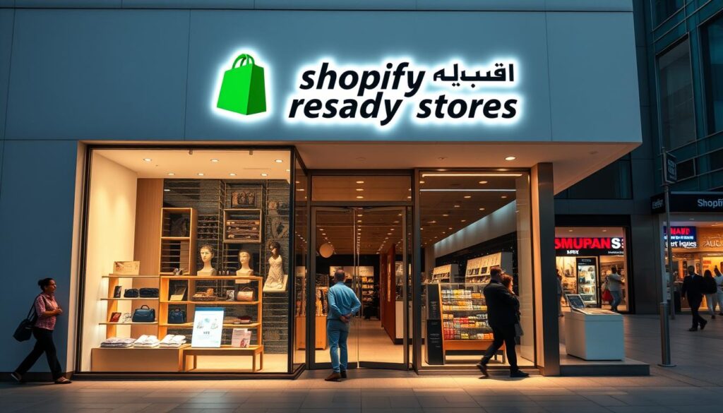 A modern, minimalist storefront showcasing a range of Shopify-powered e-commerce businesses. The facade features clean lines, large windows displaying various products, and a minimalist signage highlighting the "Shopify Ready Stores" branding. The lighting is warm and inviting, creating a welcoming atmosphere. The foreground depicts customers casually browsing the store displays, while the background showcases a bustling urban street scene with other retail establishments. The overall composition conveys the accessibility and versatility of Shopify's ready-made e-commerce solutions for Saudi Arabian entrepreneurs.