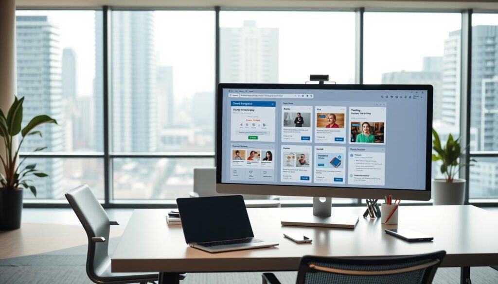 A modern office interior with a clean, minimalist design. In the foreground, a sleek computer monitor displays a Shopify email marketing dashboard, showcasing various email templates, campaign metrics, and customer segmentation tools. The middle ground features a stylish desk with a laptop, smartphone, and other office supplies, suggesting the workflow of a digital marketer crafting personalized email campaigns. The background depicts large windows overlooking an urban cityscape, creating a sense of connectivity and professionalism. The lighting is soft and natural, creating a warm, productive atmosphere. The overall scene conveys the efficiency and sophistication of email marketing within the Shopify e-commerce platform.