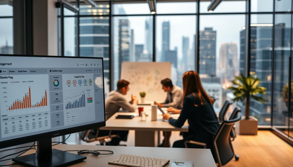 A modern office setting with a focus on discount management. In the foreground, a computer screen displays a dashboard with charts and graphs, highlighting key metrics related to discounts and promotions. Behind the screen, a team of professionals collaborate around a conference table, discussing strategies and analyzing data. The lighting is soft and warm, creating a productive and analytical atmosphere. The middle ground features a whiteboard with notes and sketches, visualizing the decision-making process. In the background, a large window overlooks a bustling cityscape, emphasizing the importance of staying on top of market trends and customer behavior. The overall scene conveys a sense of strategic thinking, attention to detail, and a commitment to optimizing discount management for a successful Shopify campaign.