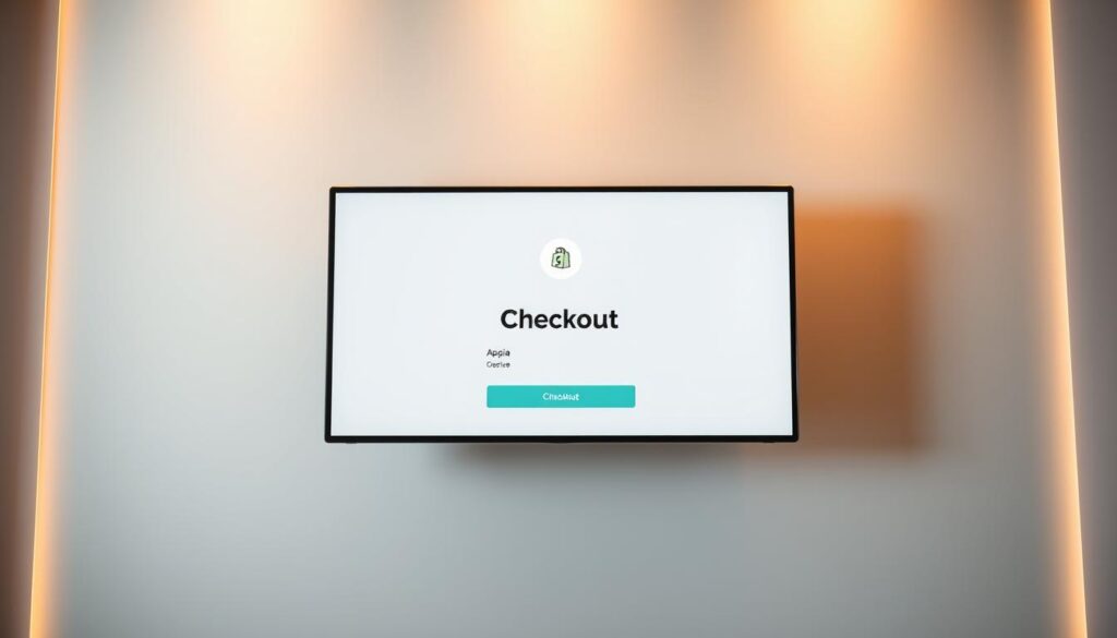 A modern, sleek Shopify checkout app interface with a clean, minimalist design. The app's main screen features a prominent "Checkout" button and a simple, intuitive layout. The background is a soft, muted shade of gray, allowing the app's elements to stand out. Warm lighting from the sides casts a gentle glow, creating a professional, polished atmosphere. The overall impression is of a high-quality, user-friendly app that streamlines the checkout process for Shopify merchants. The image should convey the key factors merchants consider when selecting a Shopify checkout app, such as ease of use, visual appeal, and seamless integration.