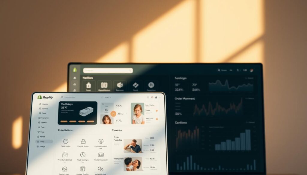A modern, sleek Shopify platform interface, showcasing an intuitive dashboard with various tools and features. The foreground displays a clean, minimalist design with icons, charts, and interactive elements. The middle ground features product listings, order management, and analytical data, all presented in a visually appealing and organized manner. The background depicts a neutral, muted color palette, creating a professional and focused atmosphere. Warm, directional lighting casts subtle shadows, enhancing the depth and clarity of the scene. The overall composition conveys a sense of efficiency, productivity, and the empowerment of e-commerce businesses using the Shopify platform.