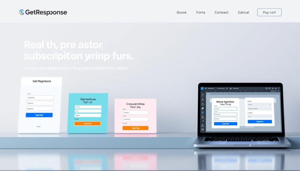 A modern, sleek landing page showcasing various GetResponse subscription sign-up form templates. The foreground features several vibrant, responsive web form designs with clean typography, intuitive input fields, and eye-catching call-to-action buttons. The middle ground depicts a laptop or tablet device displaying the customizable form editor interface. The background depicts a minimalist, gradient-based layout with subtle shapes and patterns, creating a professional, technology-focused aesthetic. The lighting is soft and diffused, highlighting the form designs and digital interface. The overall mood is one of sophistication, functionality, and user-friendliness, reflecting the capabilities of the GetResponse platform.